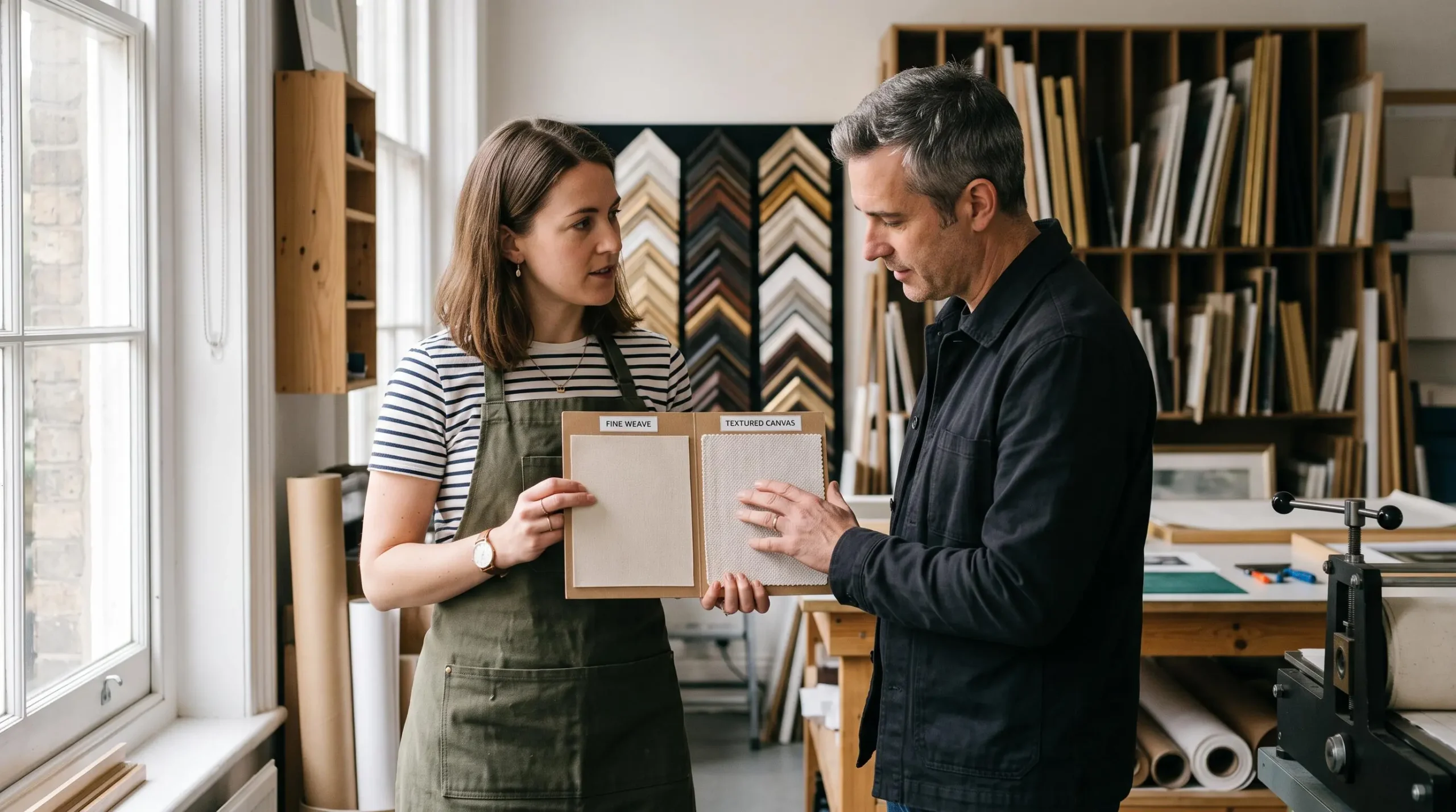 Un conseiller compare deux échantillons de toile de texture différente avec un client dans un atelier d'impression.