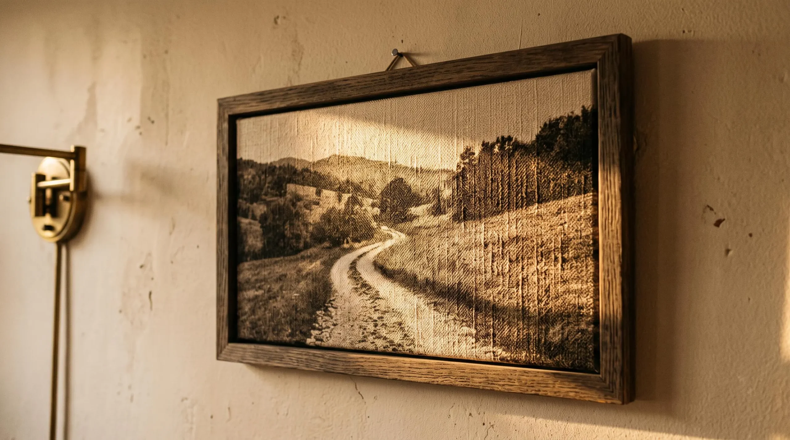 Une lumière rasante révèle le grain prononcé d'une toile photographique accrochée au mur.