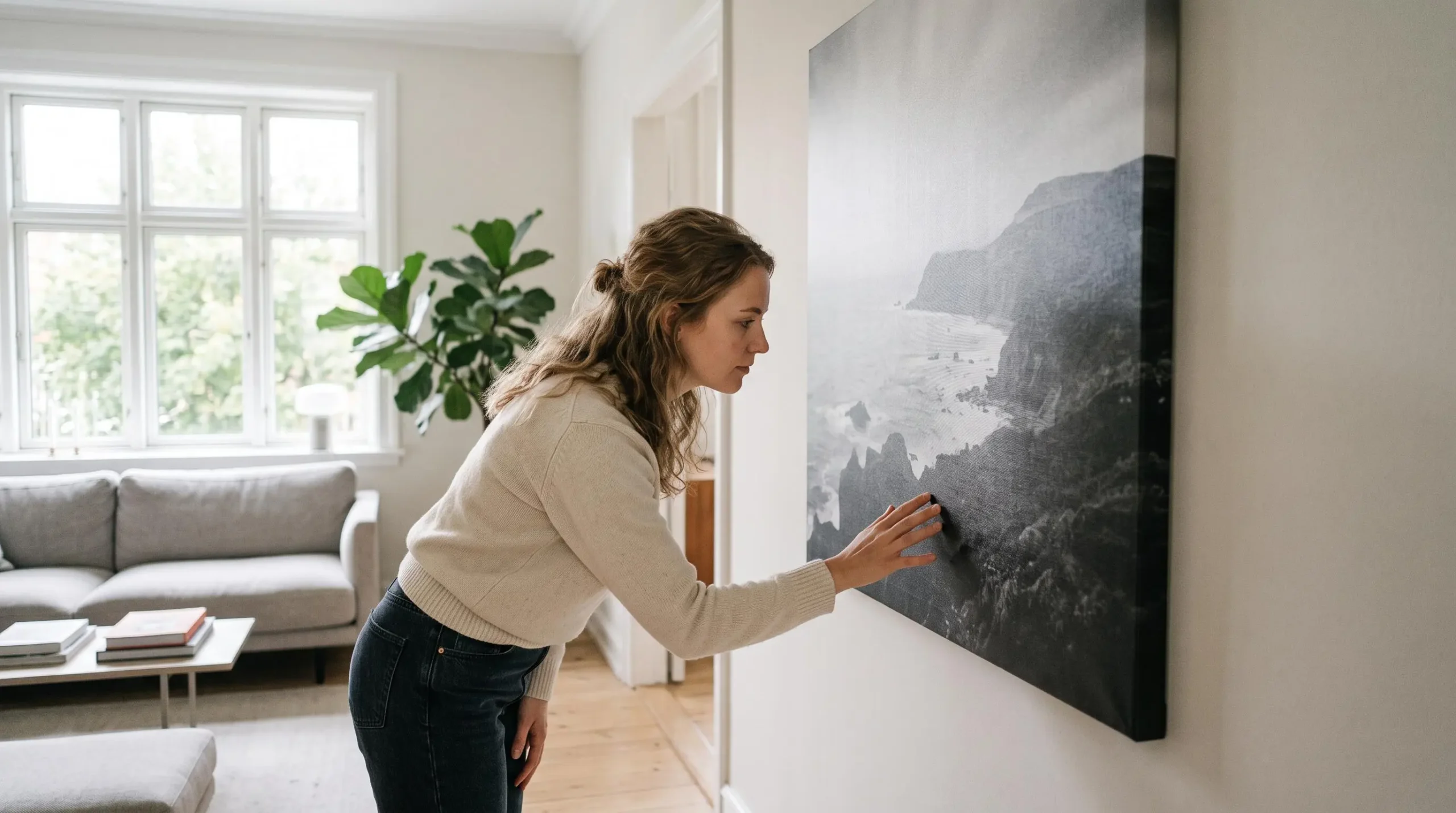 Une personne observe de près la texture d'une photographie imprimée sur toile dans un salon.